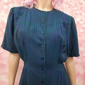 Vintage Peplum Blouse Size 8 80s Does 40s Button Front Short Sleeve Blue Purple